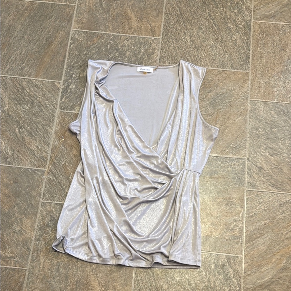 Calvin Klein Shimmering Silver Drape Neck Blouse
